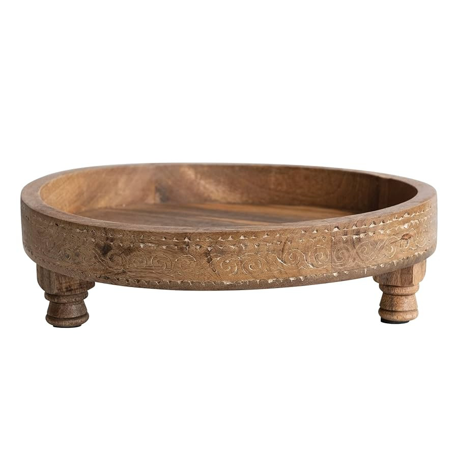 Creative Co-Op Boho Footed Wood Tray with Carved Design, Natural | Amazon (US)