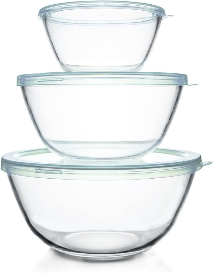 Luvan Glass Mixing Bowl with Lids Set(4.5QT,2.7QT,1.1QT), 3PC Large Glass Mixing Bowls Set, Glass... | Amazon (US)