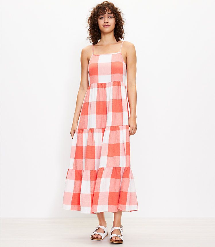 Petite Lou & Grey Gingham Puckered Midi Dress | LOFT | LOFT