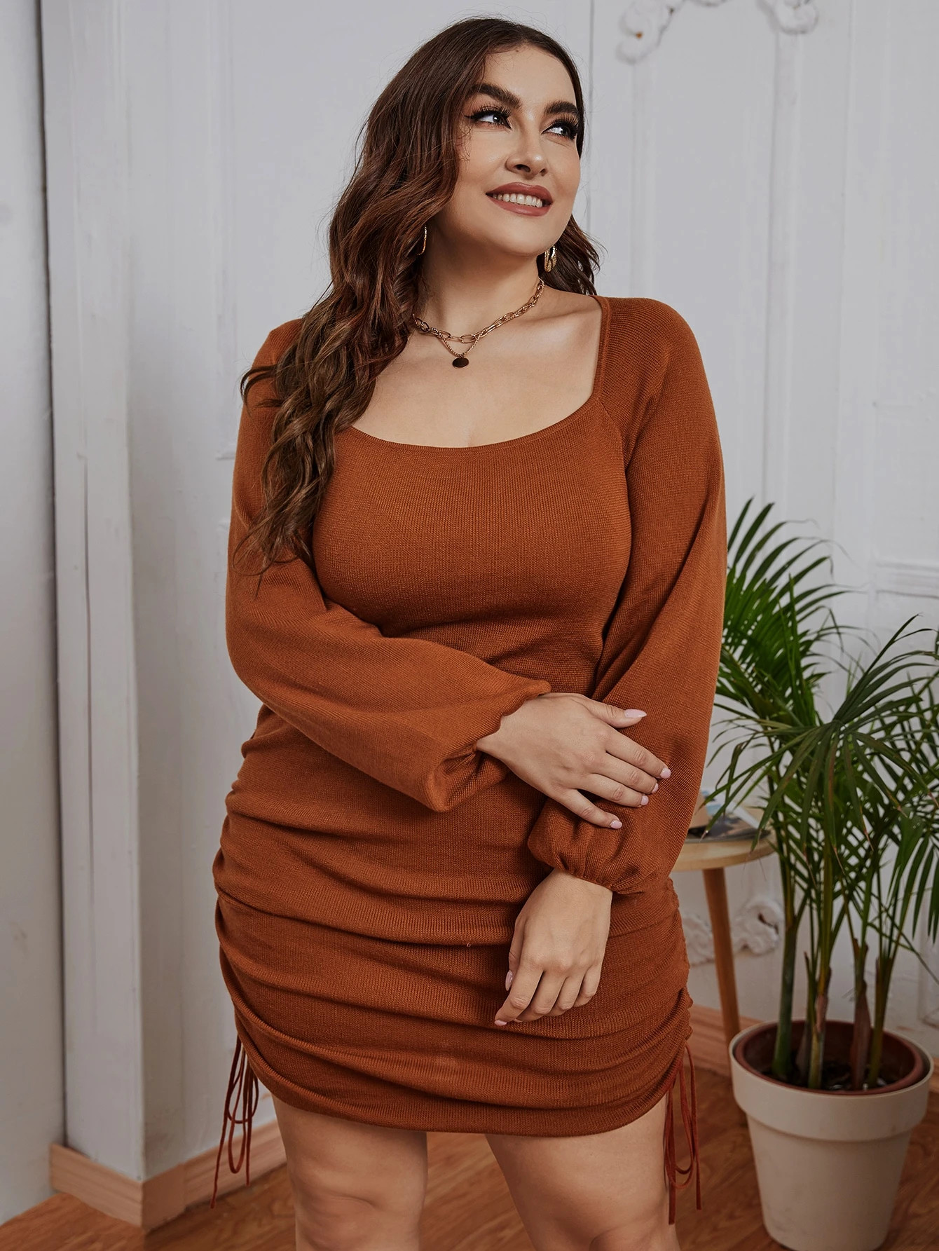 Plus Square Neck Drawstring Ruched Sweater Dress | SHEIN