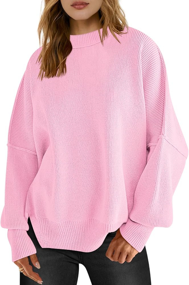 LOGENE Women's Oversized Batwing Long Sleeve Crewneck Side Slit Ribbed Knit Pullover Sweater Tops | Amazon (US)