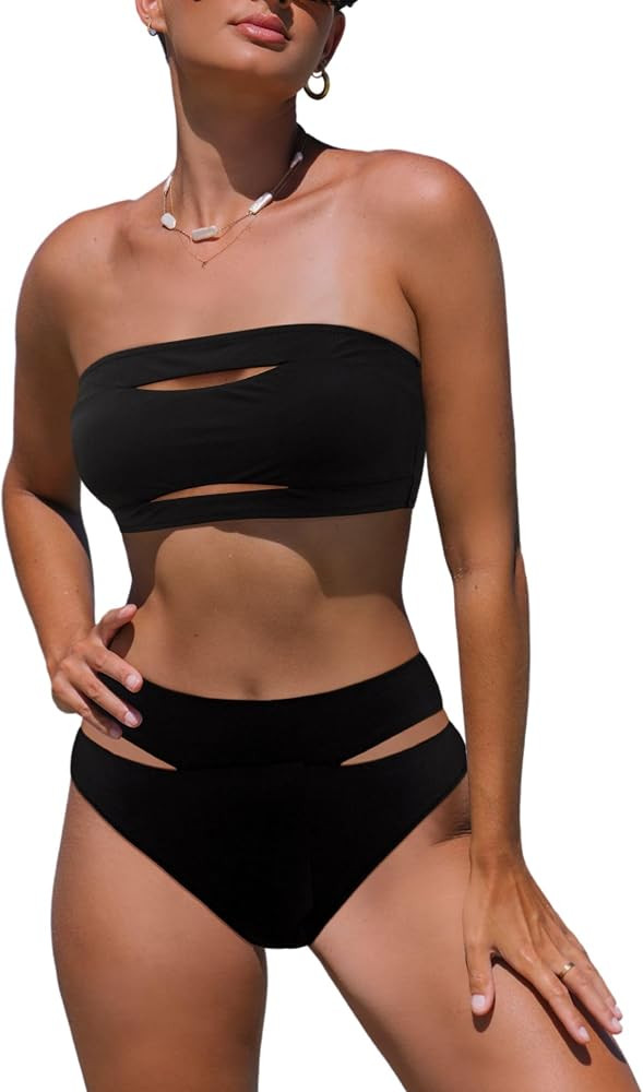 popvil Women's Strapless High Waisted Bikini Sets Sexy Bandeau Swimsuits Two Piece Bathing Suits | Amazon (US)