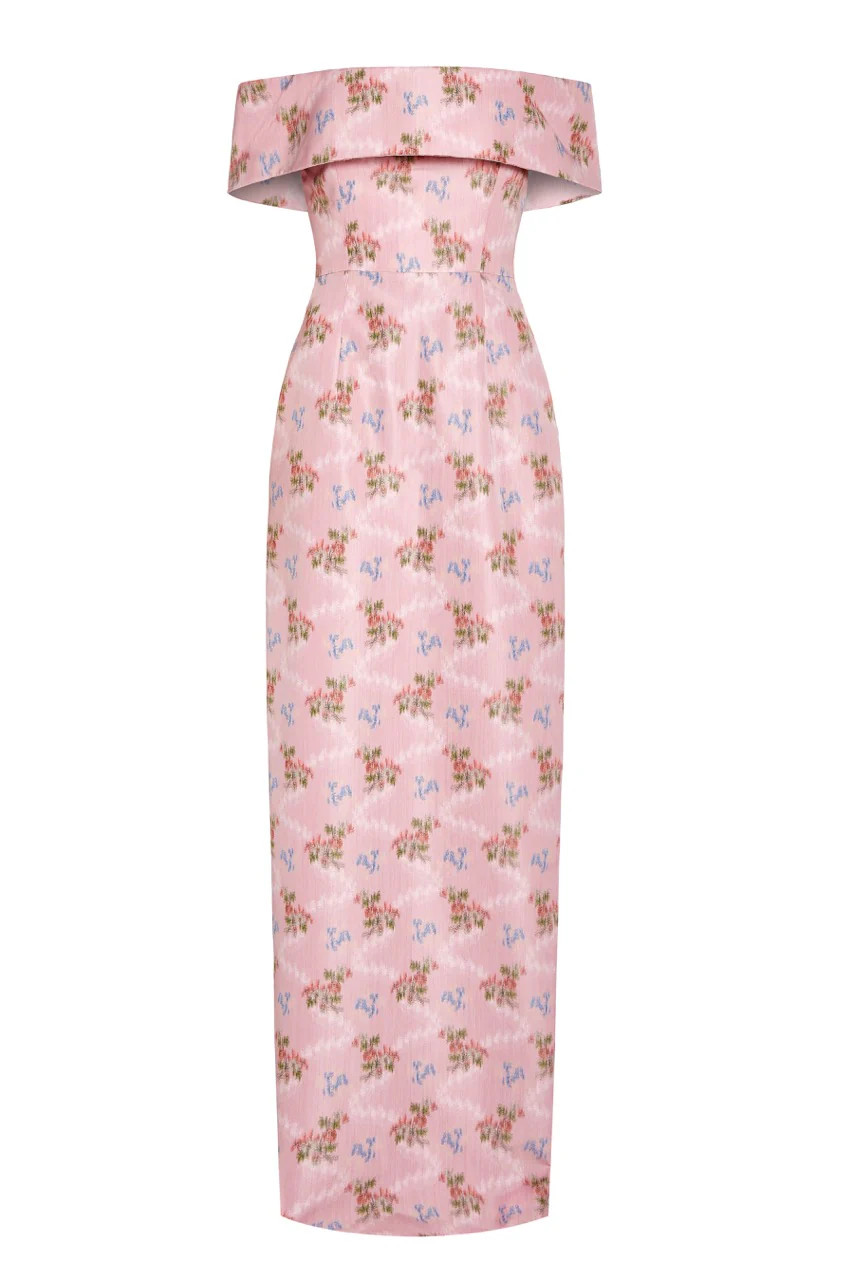 OTM Exclusive: Clover Pink Floral Ikat Off-The-Shoulder Collar Column Gown With Back Slit | Over The Moon