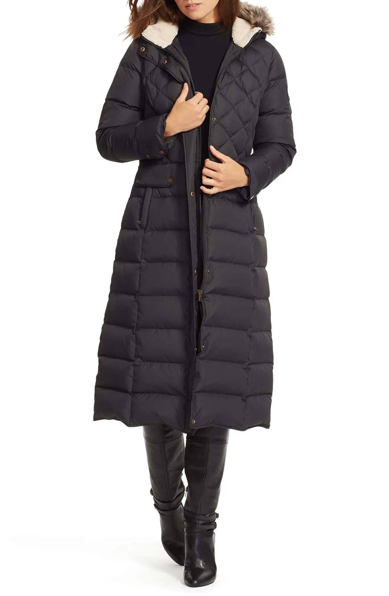 Women's Lauren Ralph Lauren Faux Fur Trim Long Quilted Coat | Nordstrom