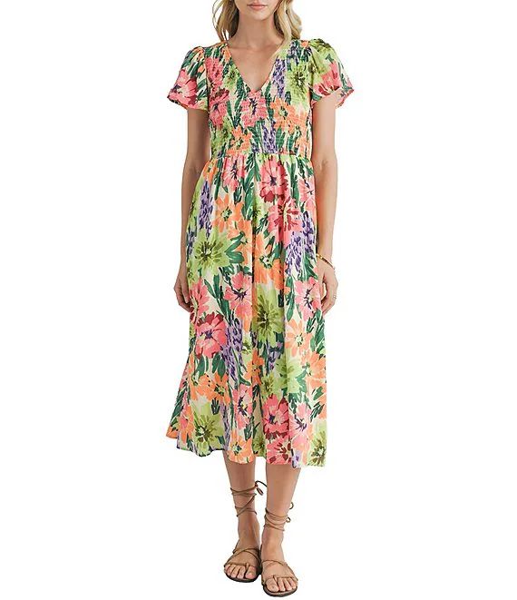 Festivities Smocked Floral Print V-Neck Short Sleeve Midi Dress | Dillard's