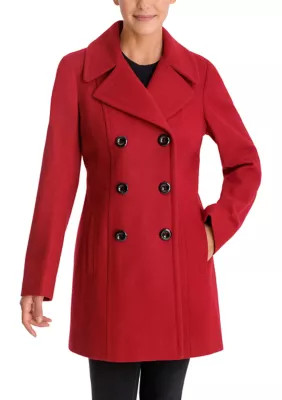 Anne Klein Women's Melton Wool Double Breasted Peacoat, Red, X-Large | Belk