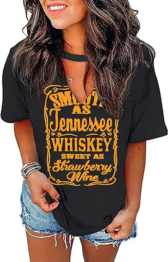 Tennessee Whiskey Shirts for Women Country Music T-Shirts Hollow Out V Neck T-Shirt Womens Keyhol... | Amazon (US)