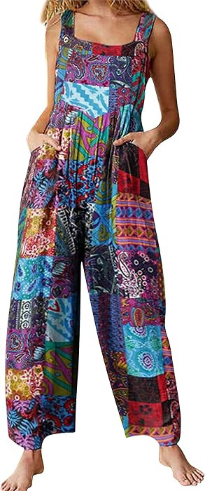 Women's Patchwork Dual Pocket Jumpsuit Loose Floral Print Bohemian Wide Leg Bib Overall | Amazon (US)