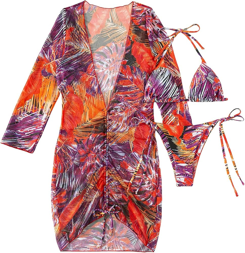 SOLY HUX Women's Printed Triangle Halter Bikini Bathing Suit with Cover Up 3 Piece Swimsuits | Amazon (US)