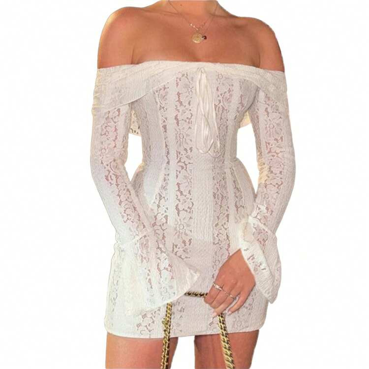 Women Off Shoulder Lace Dress Floral Pattern Bow Ruched Boat Neck Long Sleeve Slim Fit Short Dresses | SHEIN