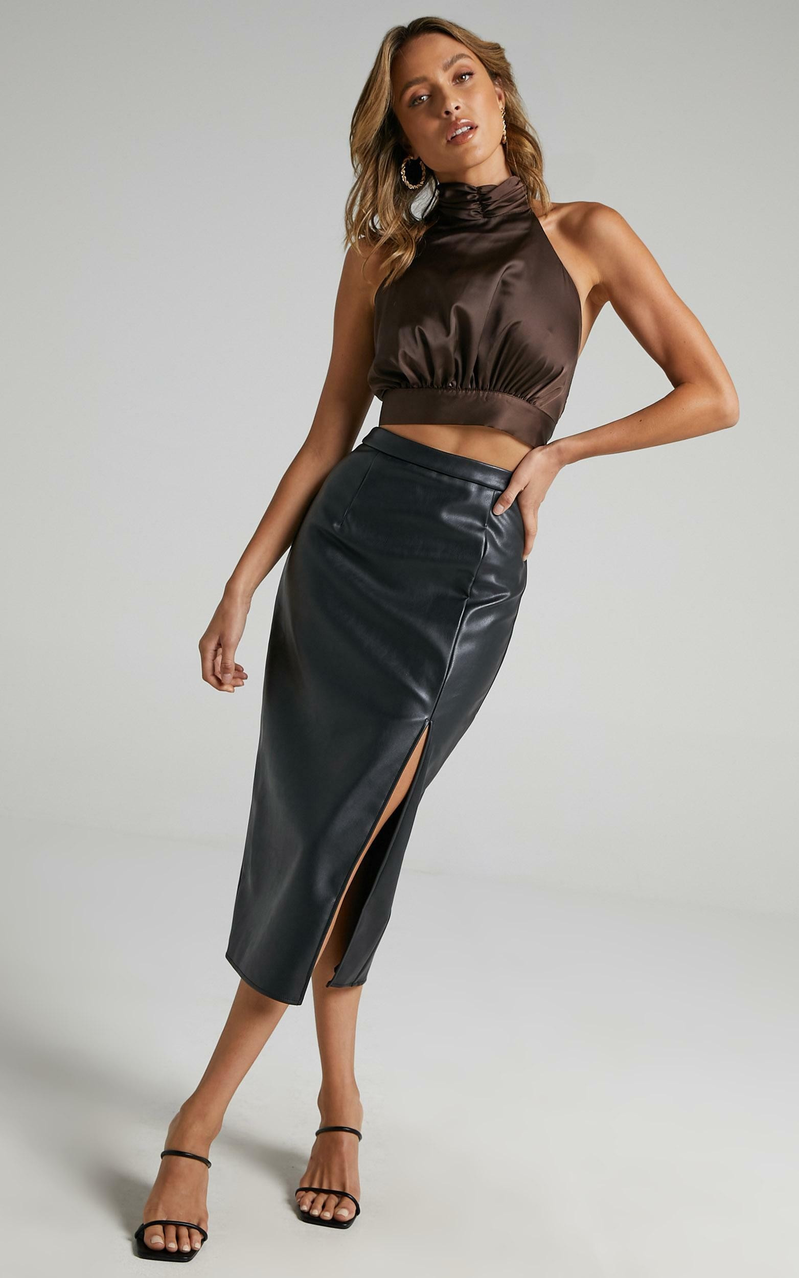 Tavua Faux Leather Split Midi Skirt in Black | Showpo | Showpo - deactived