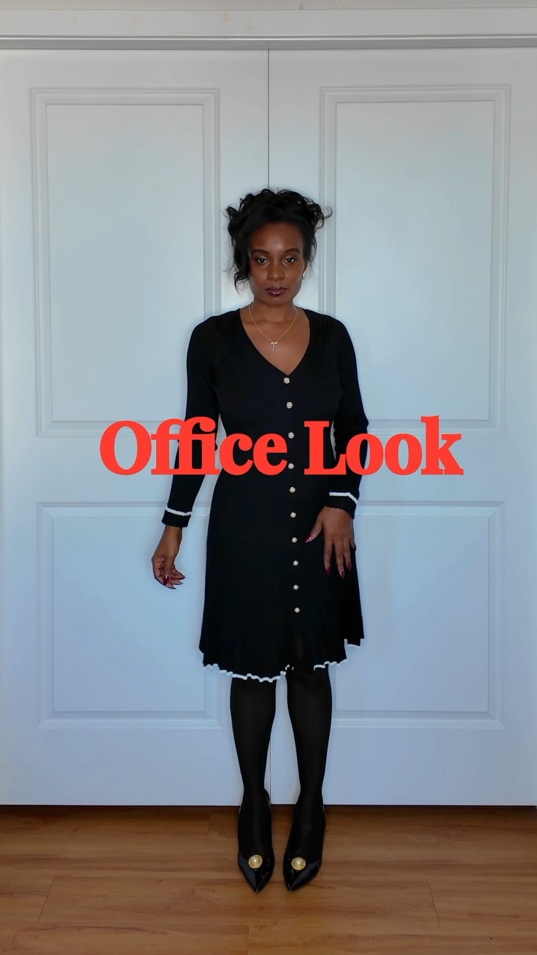 Classic black sweater dress with pearl and crystal button details. Clip on earrings added to shoes. 

#LTKStyleTip #LTKWorkwear #LTKOver40