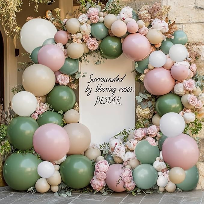 Dusty Pink Green Balloon Garland - Double Stuffed Sage Green Pink White Sand Balloon Garland Dust... | Amazon (US)