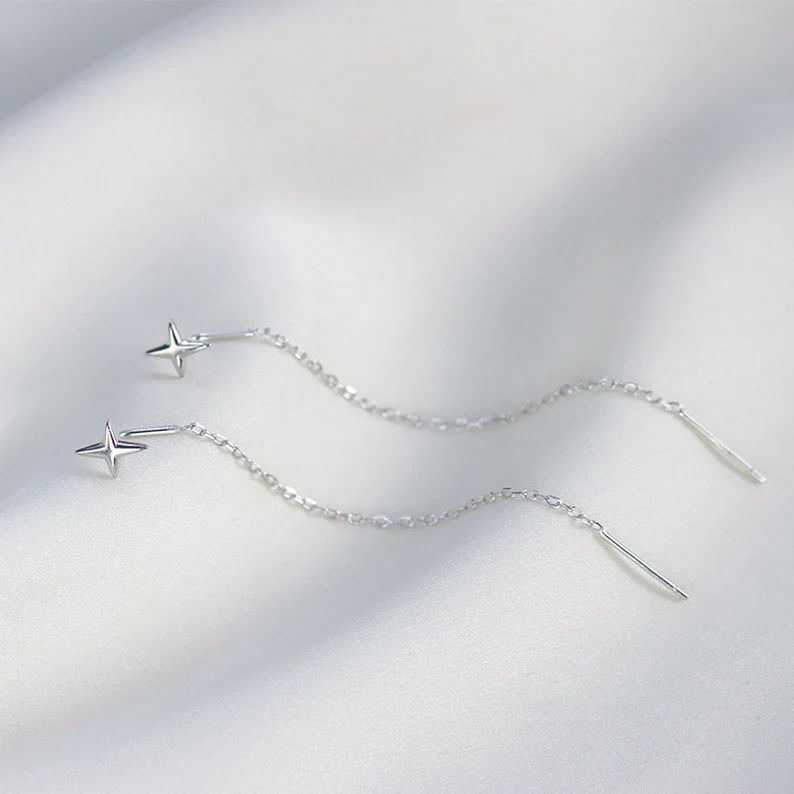 Sterling Silver Dimond Star shaped Long tassel earrings,Straight Hanging Earrings,drop earrings,w... | Etsy (US)