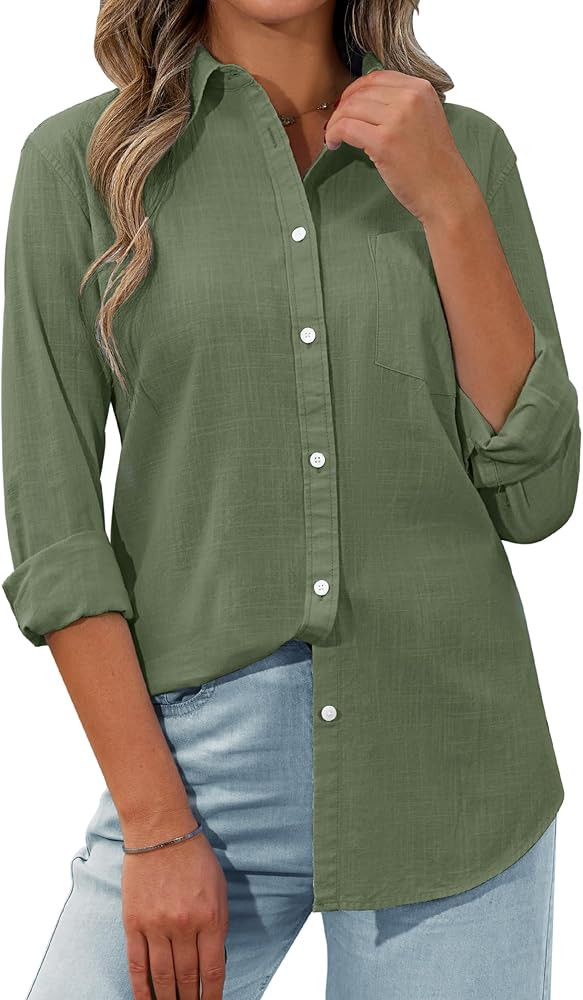 siliteelon Womens Button Down Shirt Linen Button Up Shirts for Women Long Sleeve Dress Shirt Coll... | Amazon (US)