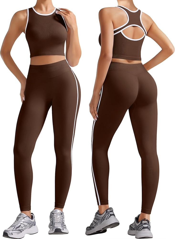 Womens Workout Sets 2 Piece Seamless Gym Yoga Outfits Butt Scrunch Leggings Crop Tank Top with Co... | Amazon (US)