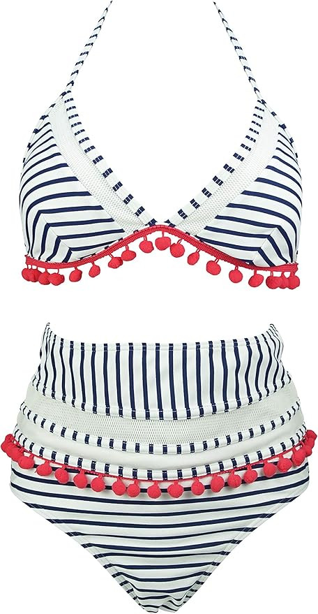 COCOSHIP Women's Mesh Striped High Waist Bikini Set Tassel Trim Top Halter Straps Swimsuit(FBA) | Amazon (US)