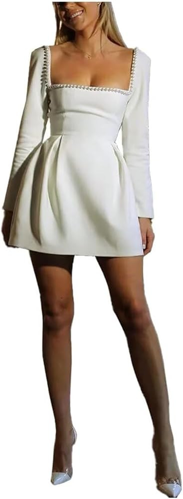 Wirsuny Womens Simple Wedding Dresses for Brides Long Sleeve Square Neck Ruched Satin Short Brida... | Amazon (US)