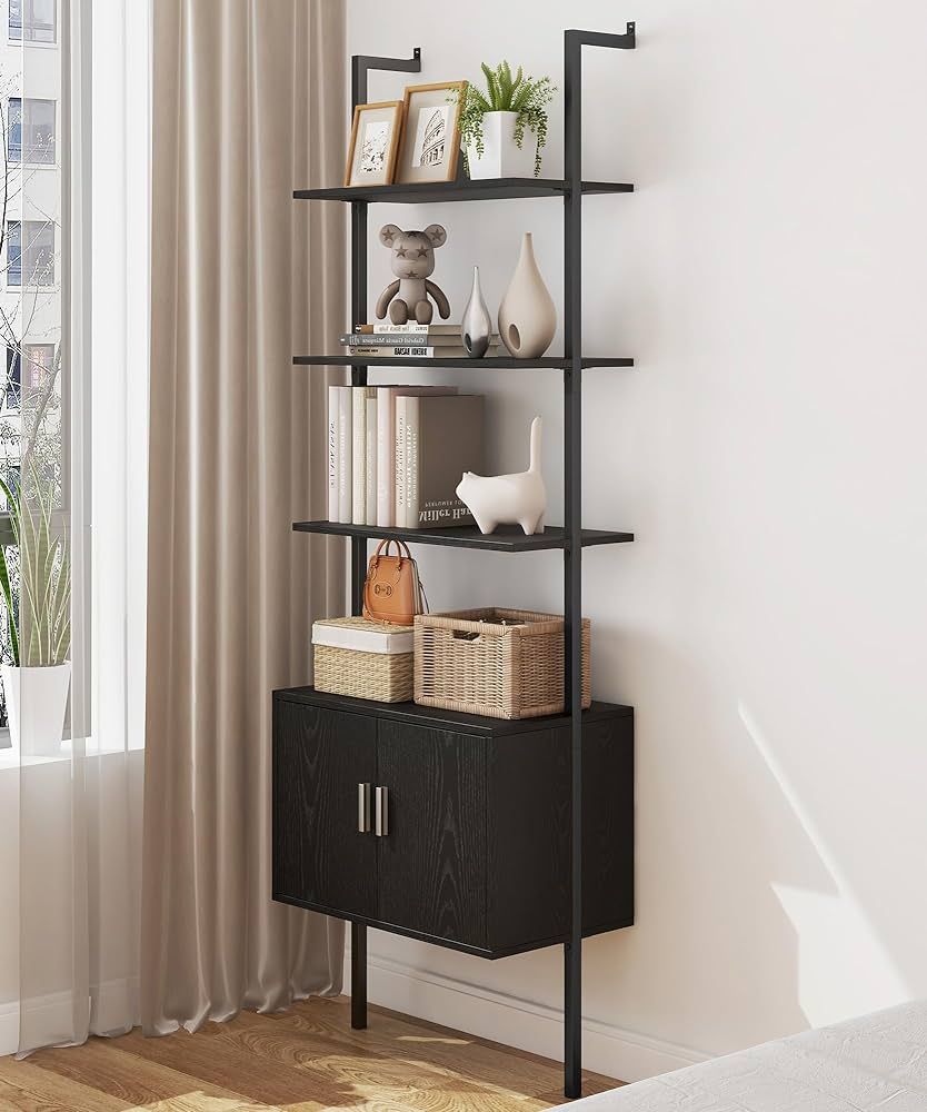 Yusong 73" Tall Bookshelf with Cabinet, Industrial Ladder Wall Mount Shelf Bookcase with Wood and... | Amazon (US)