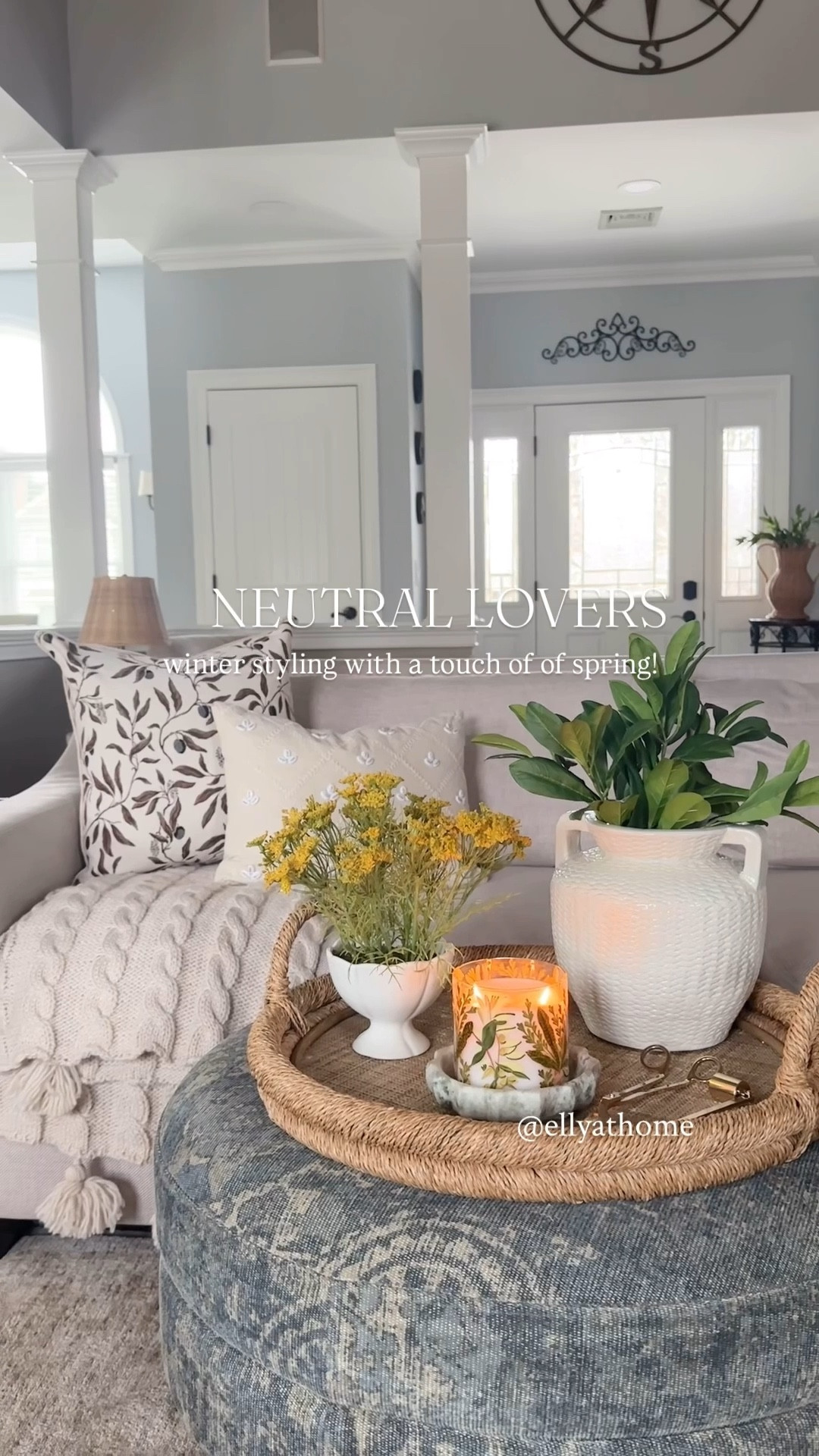 Neutral winter styling with a touch of spring! Shop throw pillows, throw blanket, neutral vase, $6 greenery, potted plant, candle shops free, candle accessories, more vases, area rug, sofa, rattan vases. Target, Pottery Barn, Amazon home, Crate & Barrel, free shipping, sales. 

#LTKFindsUnder50 #LTKSaleAlert #LTKHome