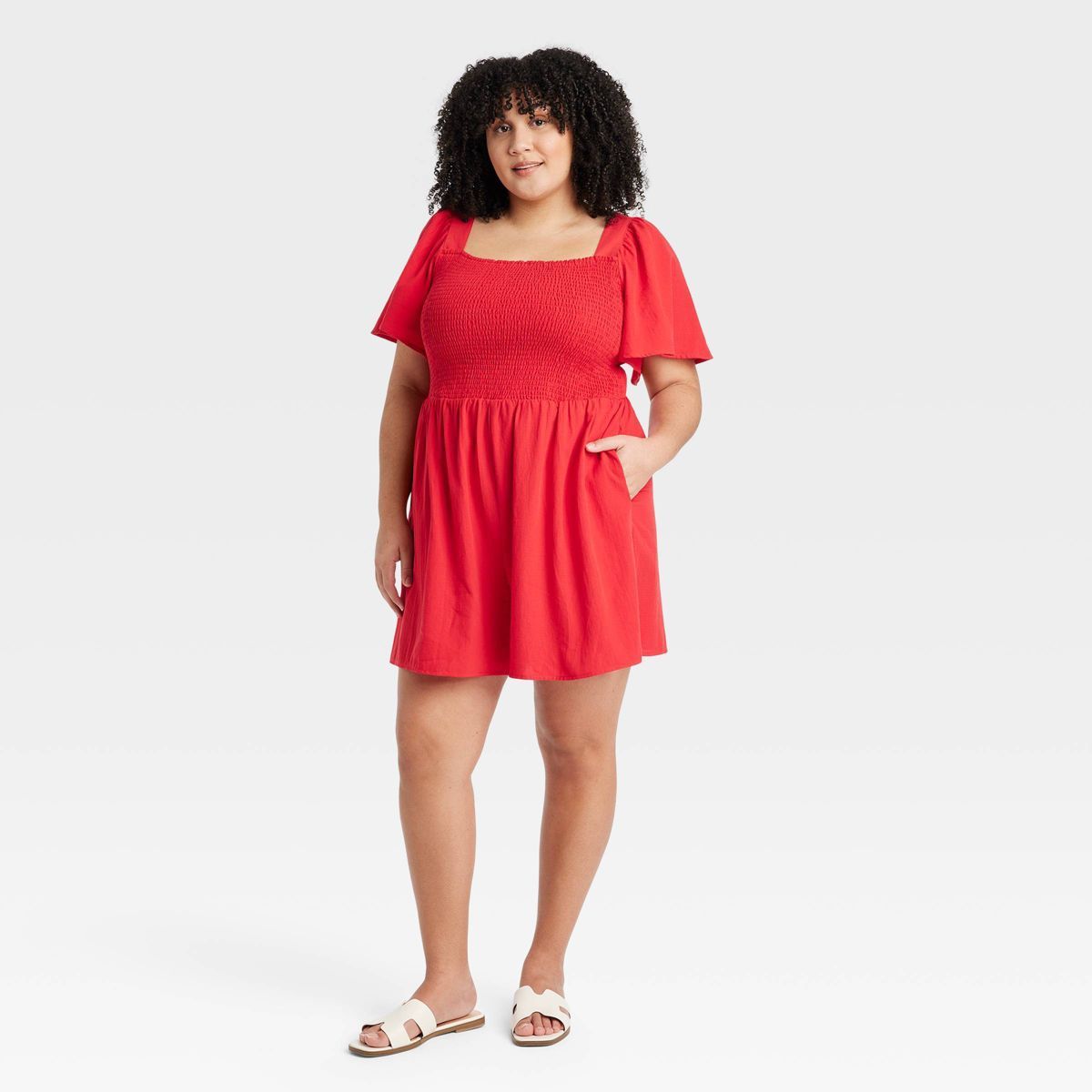 Women's Flutter Short Sleeve Smocked Mini Romper - Ava & Viv™ Red 2X | Target