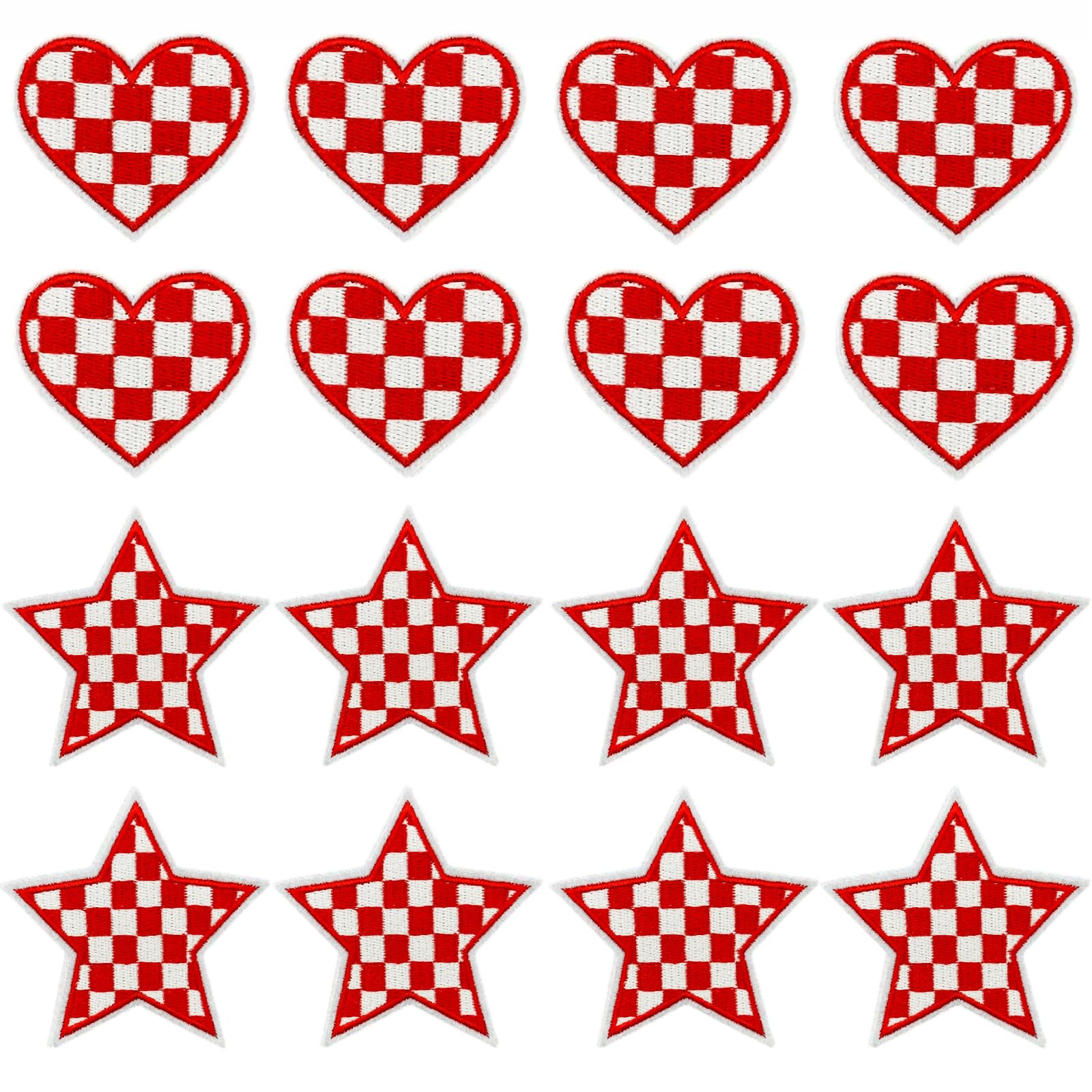16Pcs Red Checkered Heart&Star Western Iron on Embroidered Set, Contains 8 Heart Patches and 8 St... | Amazon (US)