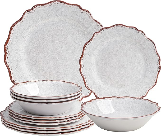 LEHAHA Farmhouse White Melamine Dinnerware Sets, 12 Piece Plates and Bowls Set, Perfect Weight an... | Amazon (US)