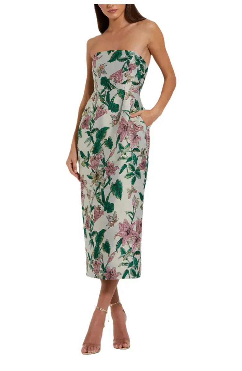 Women's Floral Brocade Strapless Fitted Midi Dress | Nordstrom