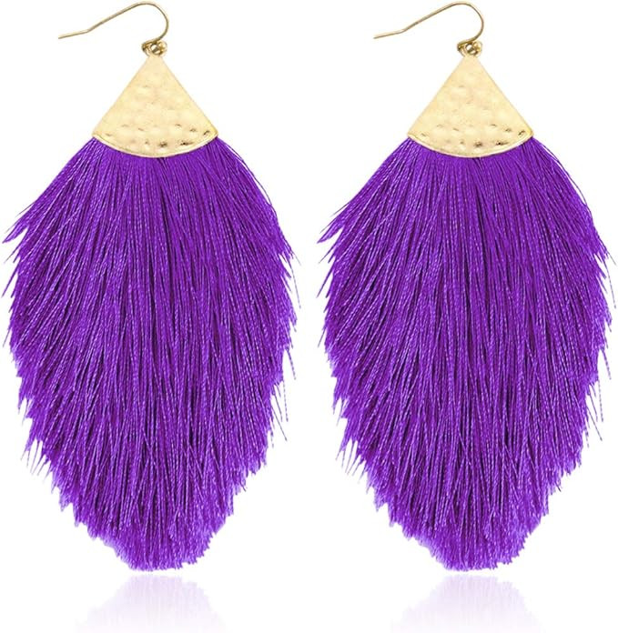 Bohemian Silky Thread Fan Fringe Tassel Statement Earrings - Lightweight Strand Feather Shape Dan... | Amazon (US)