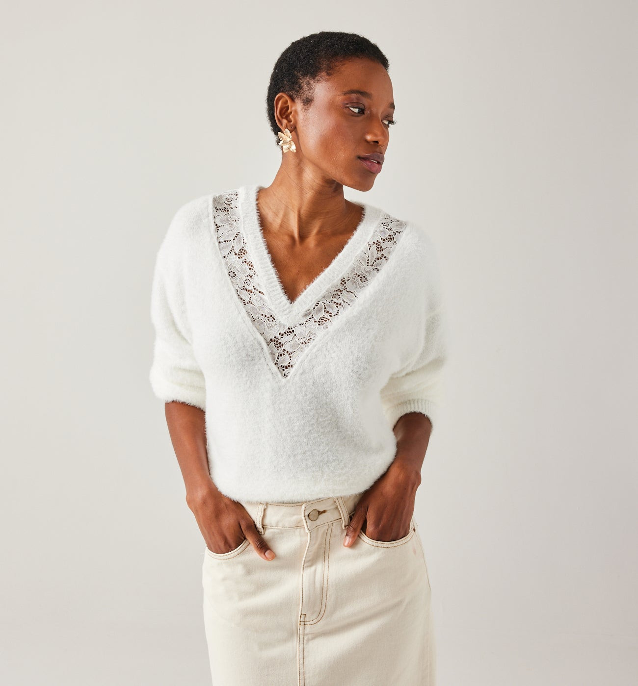 Pull avec dentelle devant/dos - Ecru | Promod (FR)