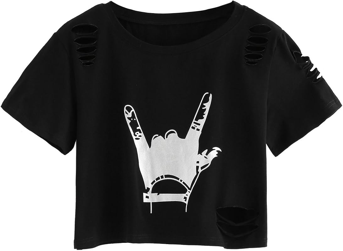 SweatyRocks Women's Short Sleeve T Shirt Graphic Print Distressed Crop Top | Amazon (US)