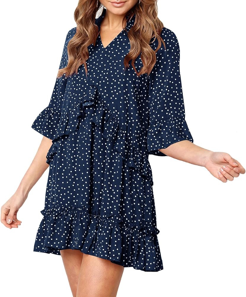MITILLY Women's V Neck Ruffle Polka Dot Pocket Loose Swing Casual Short T-Shirt Dress | Amazon (US)