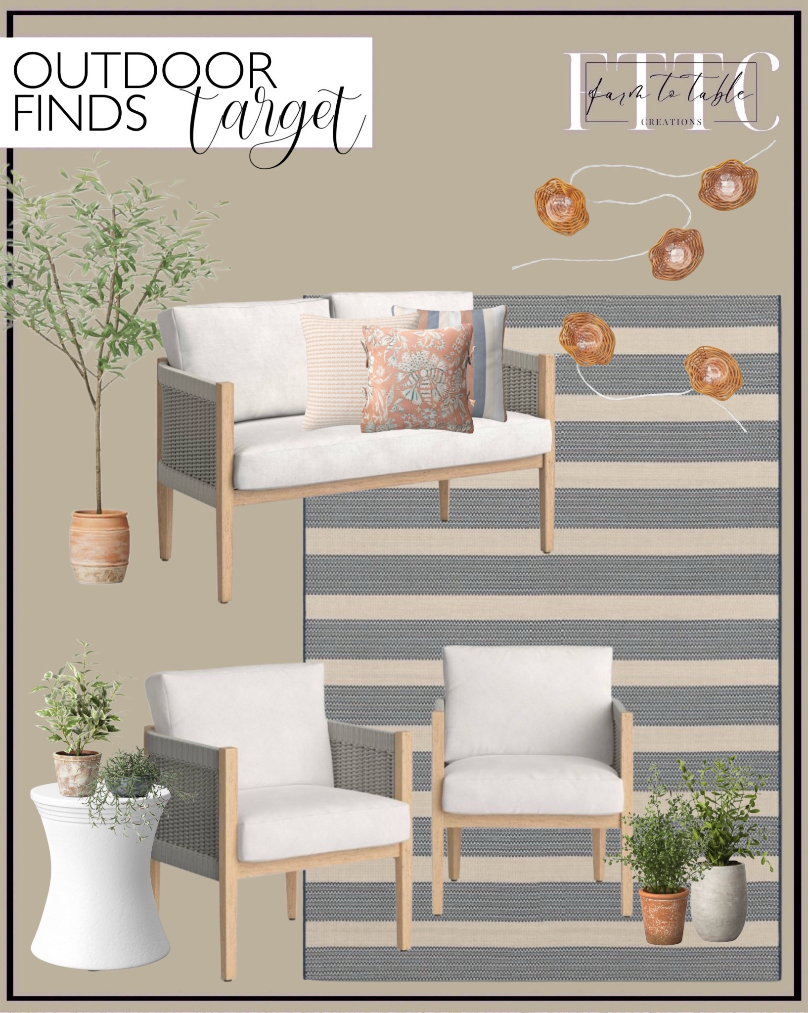 Target Patio Finds. Follow @farmtotablecreations on Instagram for more inspiration.

2pc Pasadena Outdoor Patio Chairs, Club Chairs Gray. Pasadena Patio Loveseat Gray - Threshold. Thick striped woven outdoor rug. Accent Table. Globe string lights. Boxwood artificial plant. Privet Artificial Plant. Sedum Artificial Plant. Artificial Olive Tree. Outdoor Throw Pillows. 

Patio Finds. | Shelf Decor | Living room | Entryway Finds | Neutral Stems | Spring Stems | Bookshelf Decor | Bedroom Space | Cozy Corner | Bathroom | Curated Entryway | Spring  Decor | End of Year Clearance | Trending Decor | Viral Decor  | Coffee Table Decor | Neutral Decor | Stem Sale | Target Finds | Skinny Bench | Bedroom | Living Room | Breakfast Nook | Amazon Home | Target Sale | Loloi Rugs | Magnolia Home | console table | console table styling | faux stems | entryway space | front porch decor | neutral decor | entryway decor | cozy home | affordable decor |  home decor | home inspiration | console styling | entryway rug | cozy moody home | moody home decor | neutral home | bathroom decor | living room | spring decor | Hearth & Hand | Studio McGee | 2025 Home Trends | trending home |


#LTKFindsUnder50 #LTKHome #LTKSaleAlert
