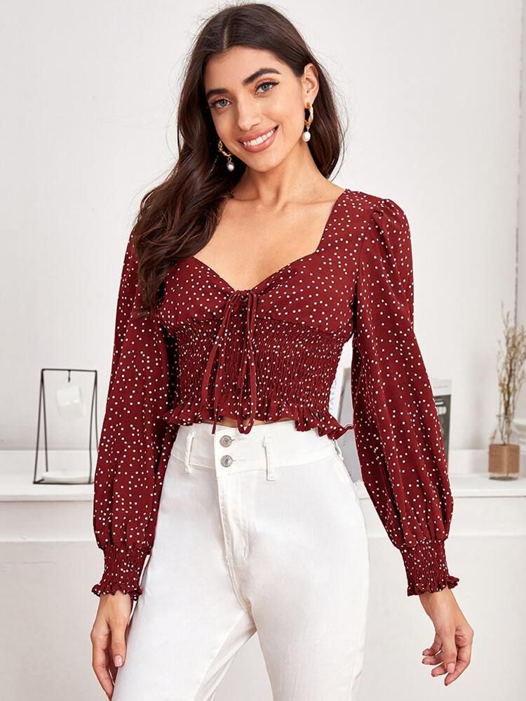 Tie Front Shirred Polka-dot Print Top | SHEIN