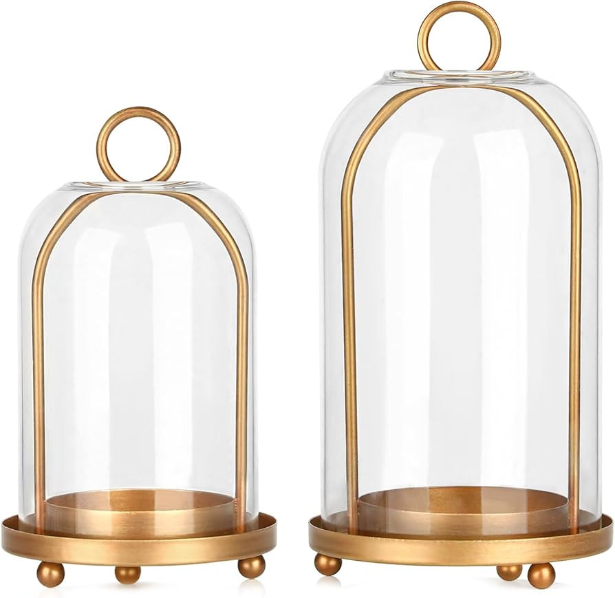 Vintage Brass Metal Candle Lantern with Thick Glass Dome – Set of 2 Shabby Chic Style Candle Ho... | Amazon (US)