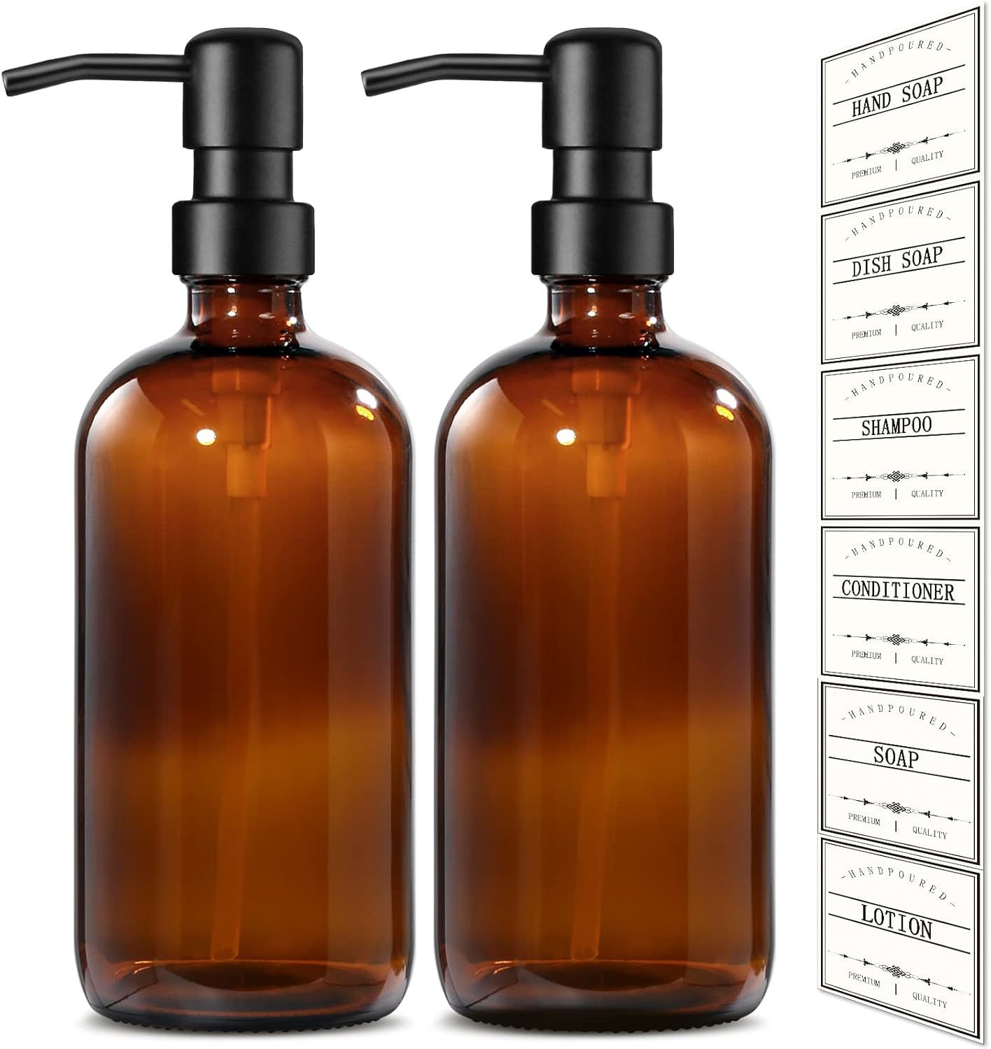 GMISUN Amber Glass Soap Dispenser, 2 Pack Hand and Dish Soap Dispenser Set with Rustproof Matte B... | Amazon (US)