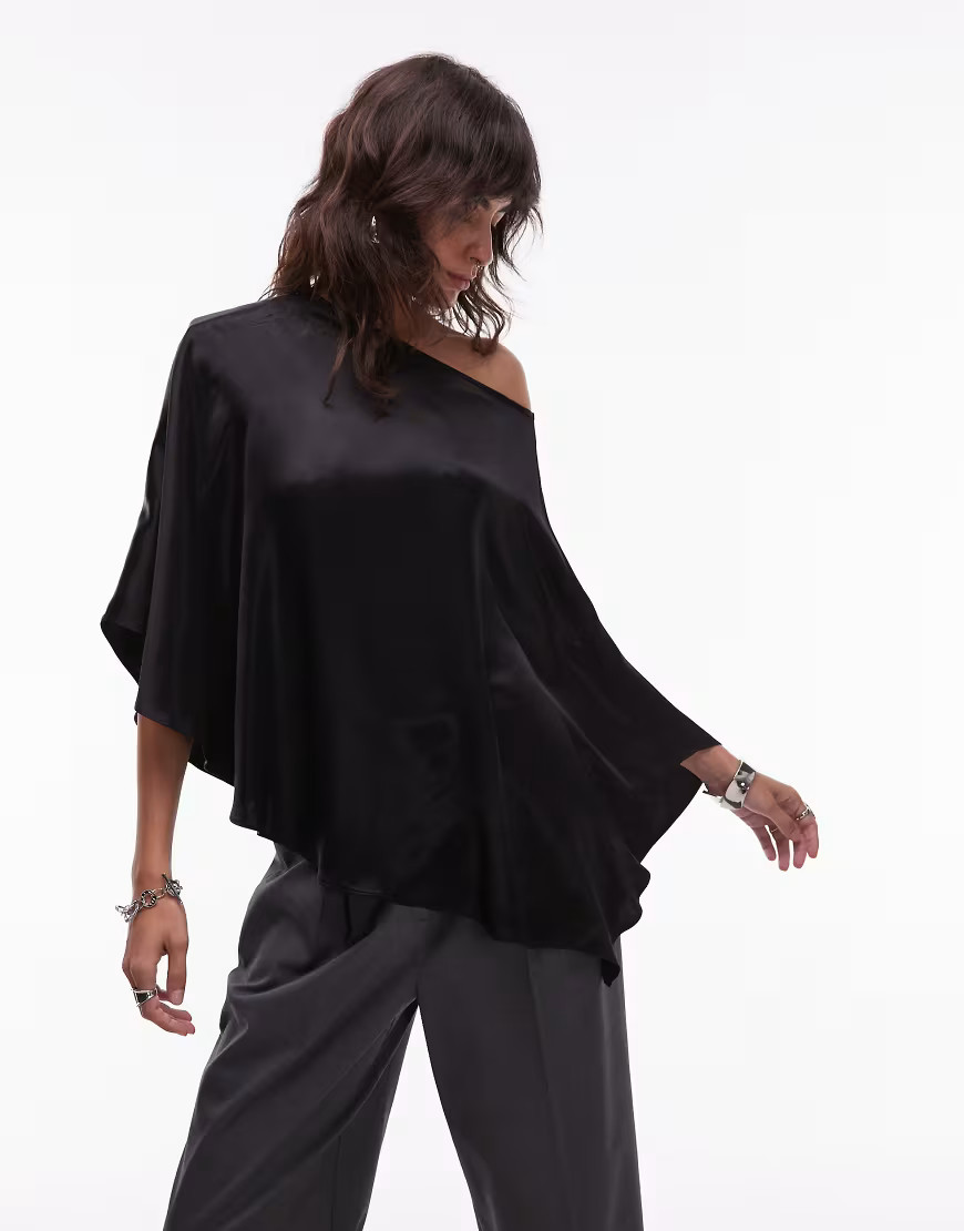 ASOS DESIGN satin one shoulder drape top in black | ASOS (Global)