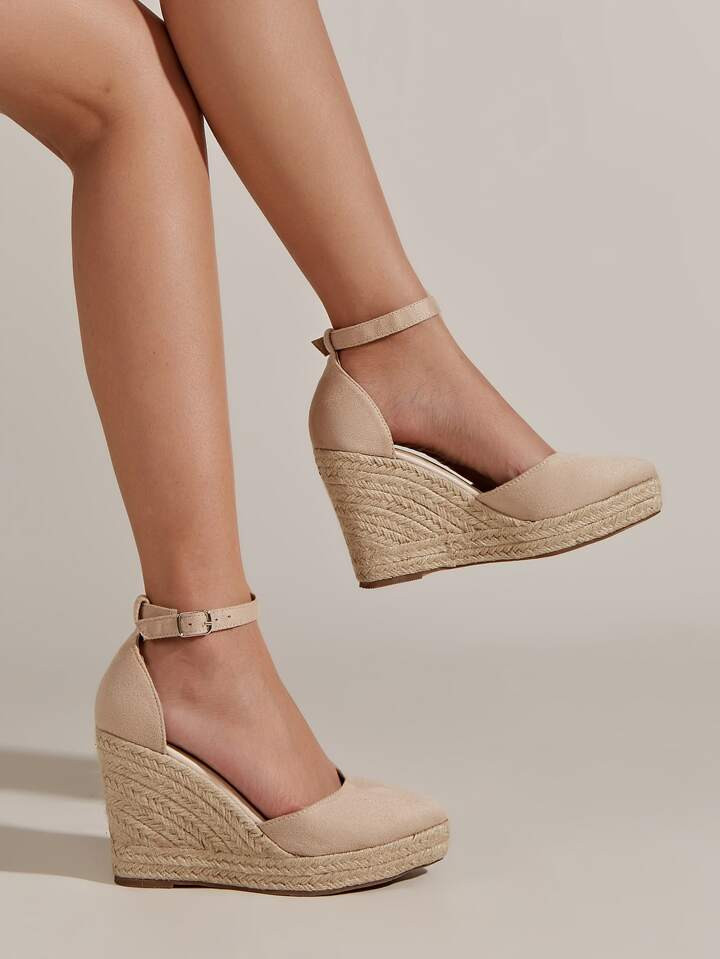 Women Solid Espadrille Sole Court Wedges, Minimalist Vacation Apricot Ankle Strap Wedge Pumps | SHEIN
