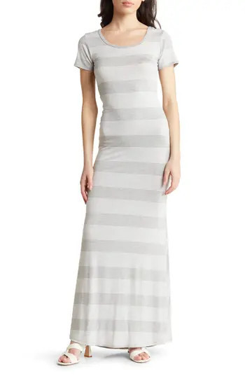 GO COUTURE Stripe Short Sleeve Rib Maxi Dress in Heather Grey at Nordstrom Rack, Size X-Large | Nordstrom Rack