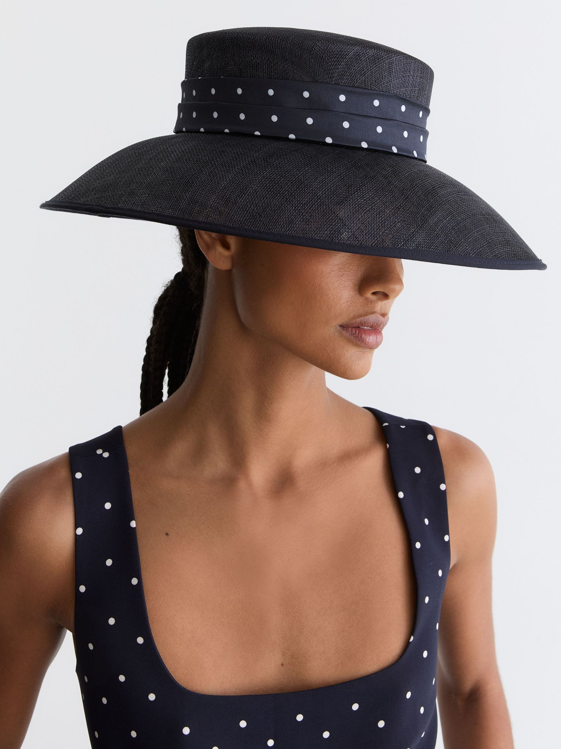 Reiss Polka Dot-Trim Occasion Hat in Navy - REISS | Reiss UK