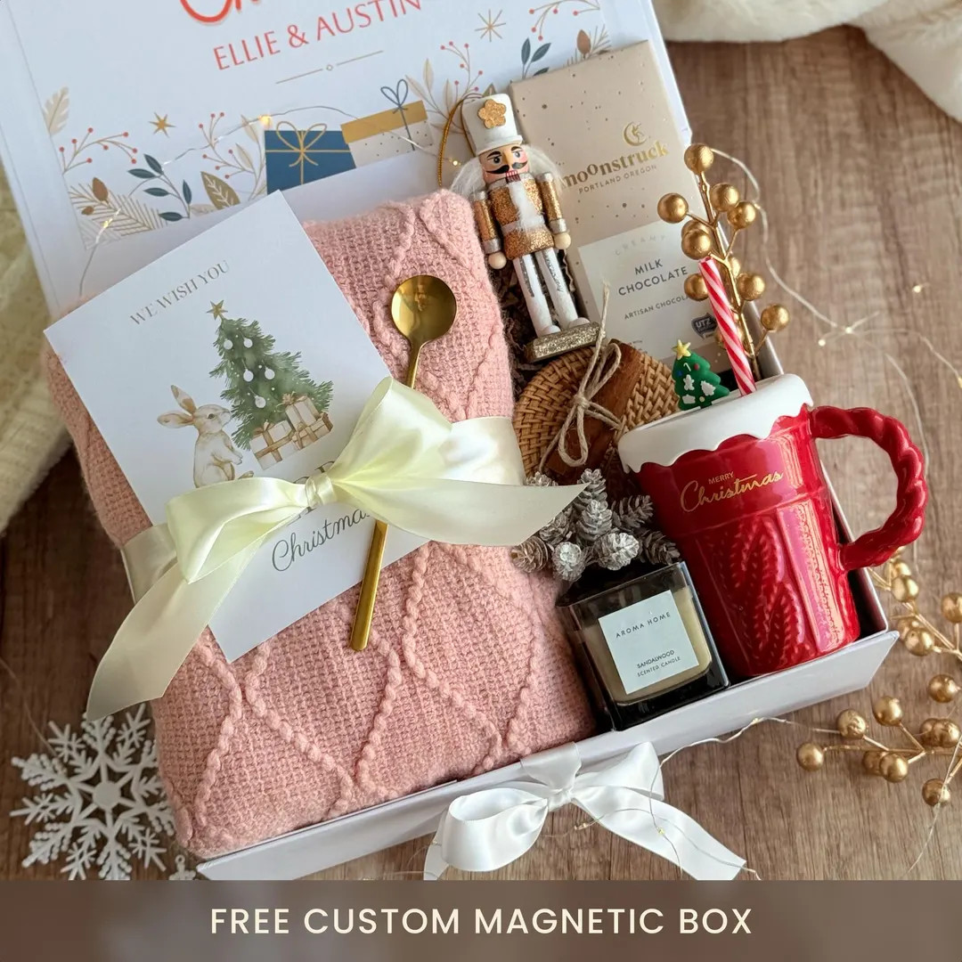 Cozy Gift Box: Knit Blanket, Soy Candle, Gourmet Chocolate | Etsy (US)