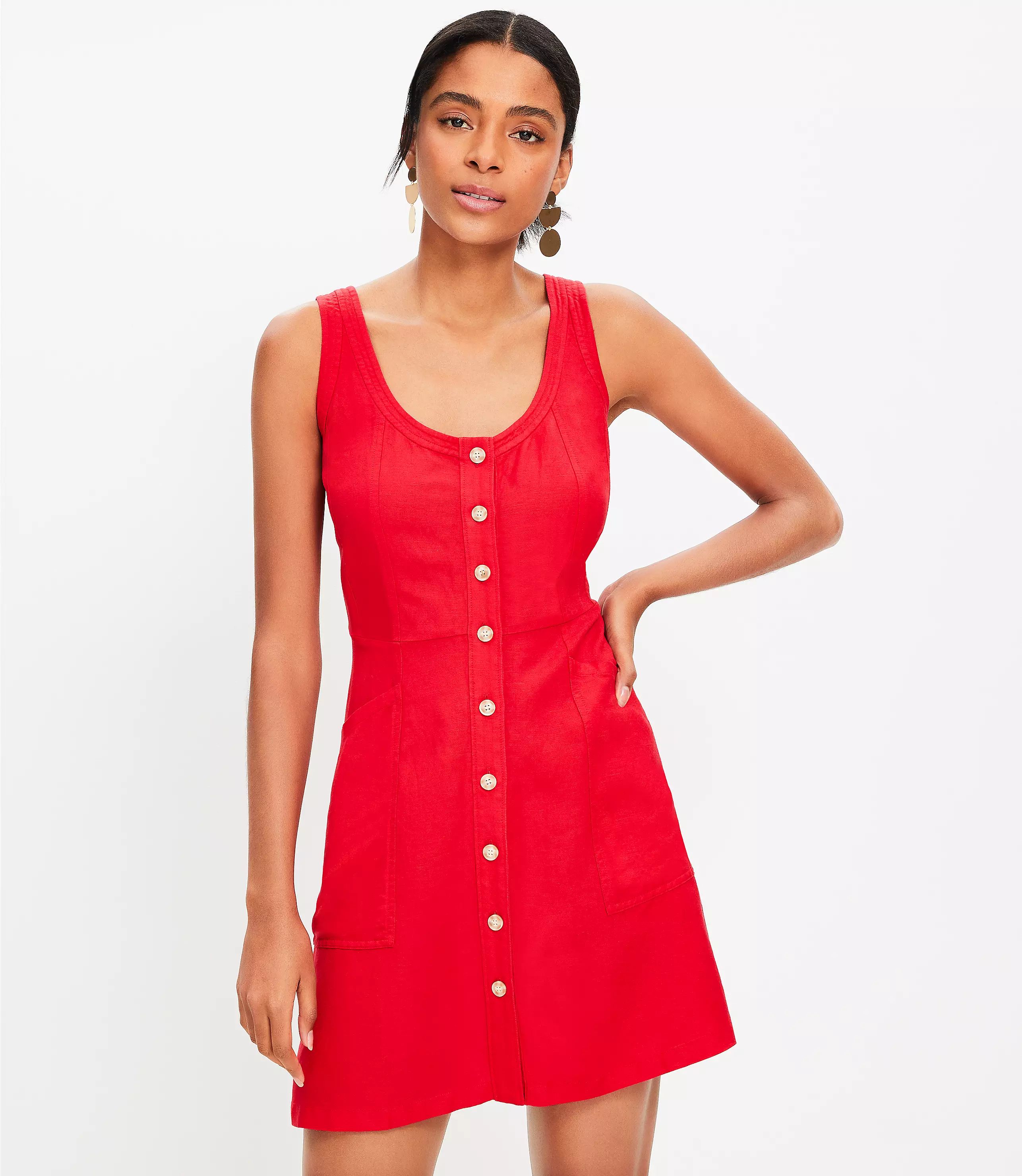Linen Blend Scoop Neck Mini Pocket Dress | LOFT
