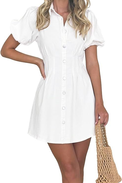 KDF Summer Denim Dress for Women Puff Sleeve Slim Fit Jean Dresses for Women 2024 Casual | Amazon (US)