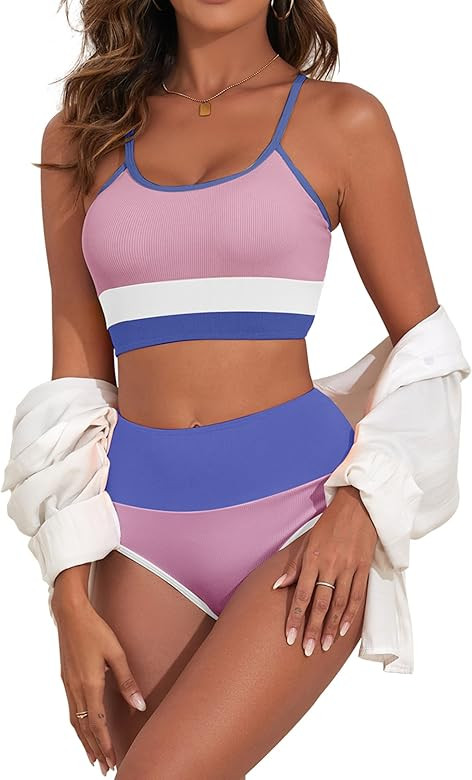 Adisputent Womens High Waisted Bikini Set Color Block Ribbed Crop Top Sporty Swimsuits Tummy Cont... | Amazon (US)
