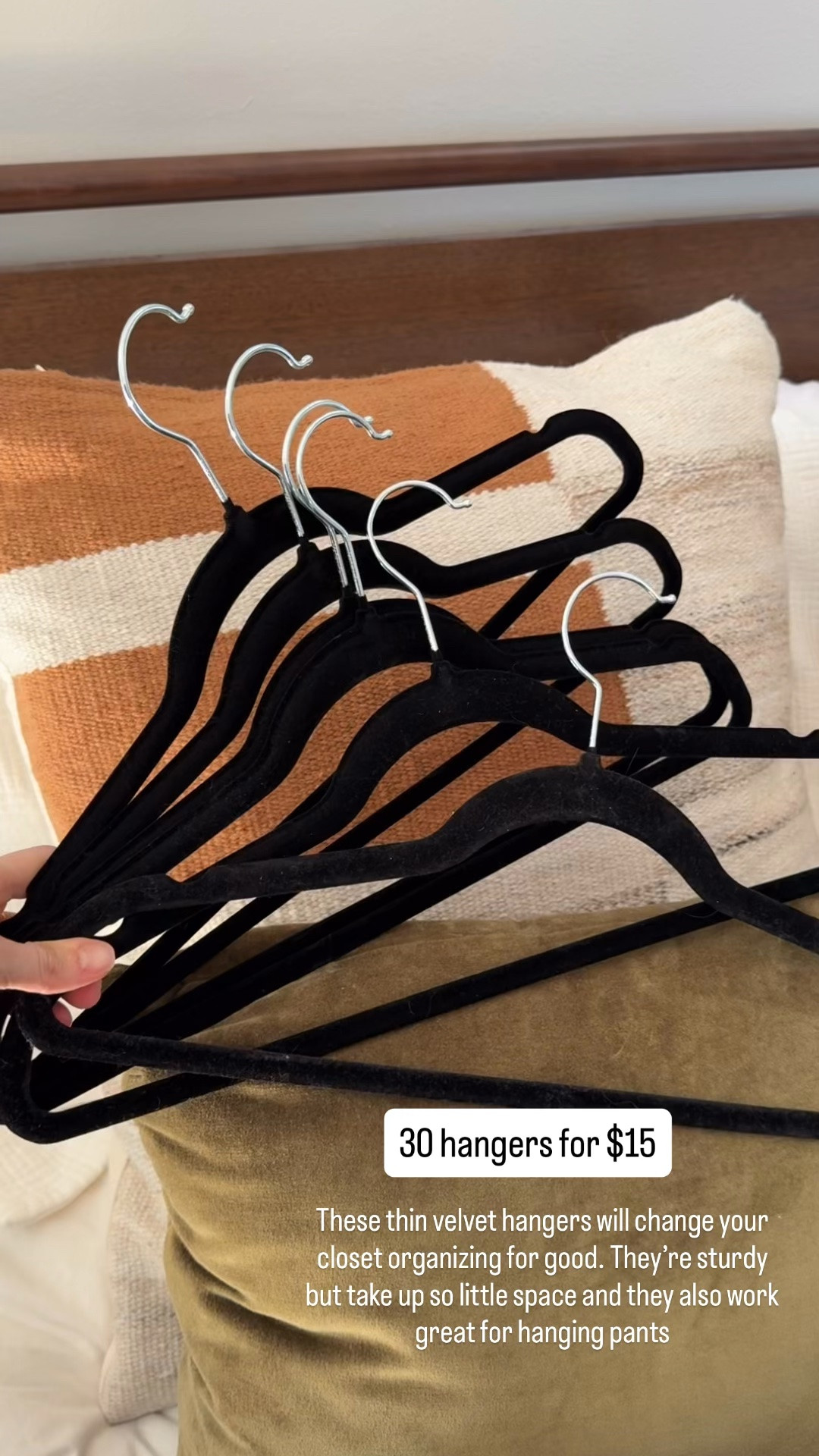 Closet organizing hack thin velvet hangers that are sturdy but take up very little space. $15 for 30 hangers also great for hanging pants