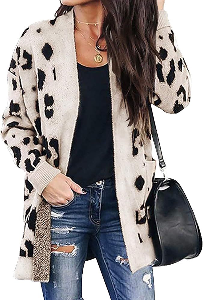 BTFBM Women Chic Leopard Print Cozy Sweaters Button Down Open Front Loose Knitted Long Sleeve Car... | Amazon (US)