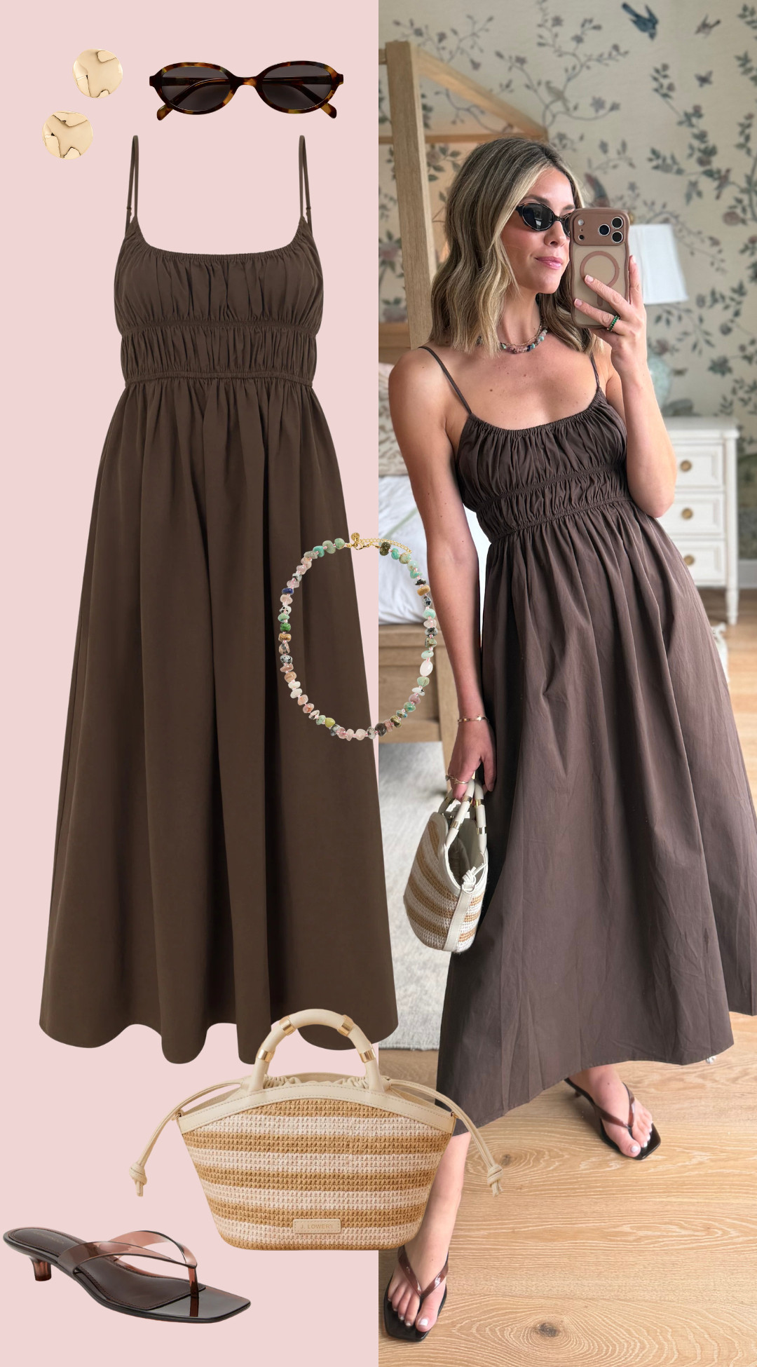such a good chocolate brown dress for this time of year. the smocked bodice gives it a really flattering shape, while the full skirt keeps it easy and comfortable for daytime.

i love it styled simply with flat sandals, a woven bag, and a few delicate accessories, but it could easily go a little dressier with a kitten heel and gold jewelry. perfect for lunch, travel, or an early fall dinner. wearing a size 4 dress.  

 #LTKootd #LTKSeasonal