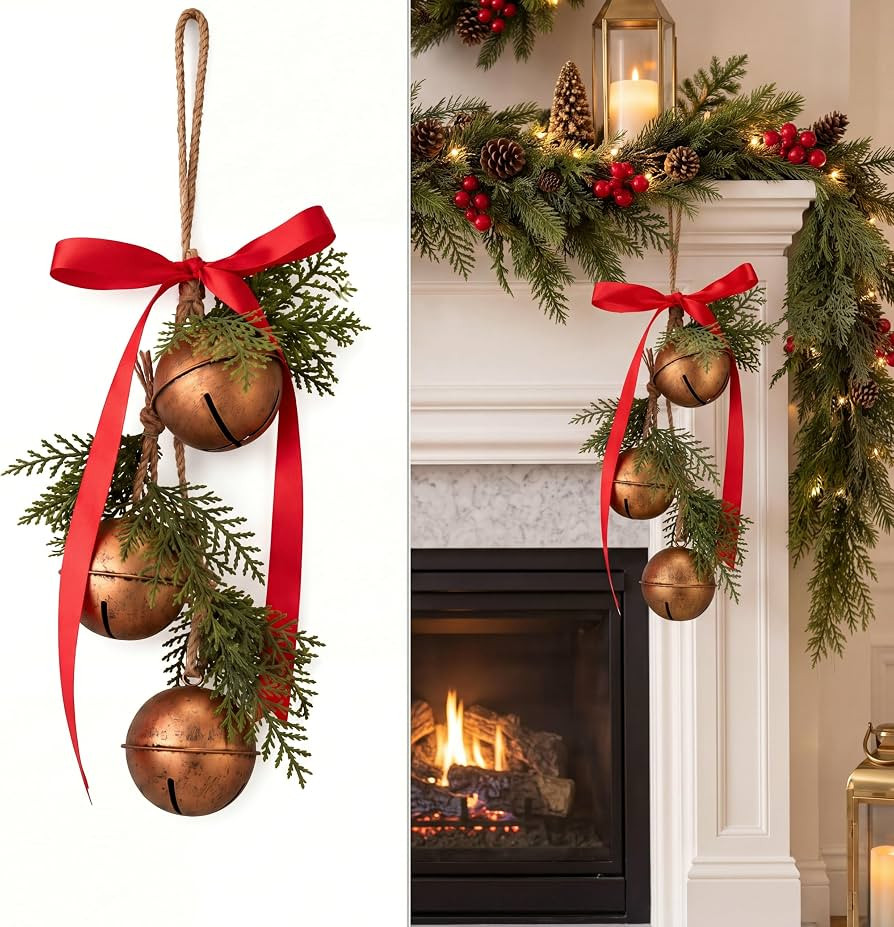 2 Pack 16'' Vintage Gold Christmas Bell with Hanging Rope for Decor | Amazon (US)