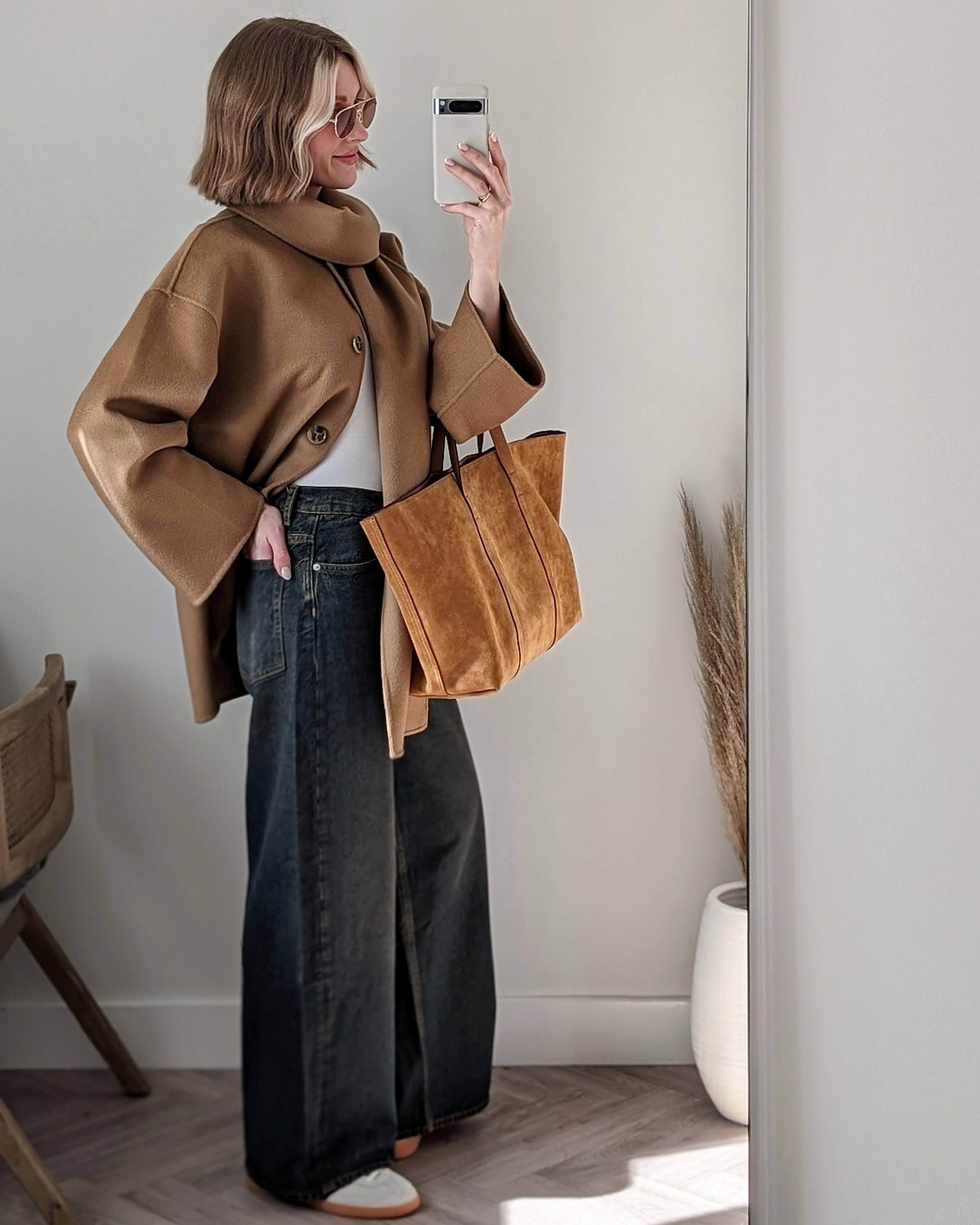 Wide leg jeans - everyday tote bag - Adidas Spezial - transitional spring outfitScarf jacket is Toteme and I've linked similar and affordable alternatives below 🤎 

#LTKSeasonal #LTKshoecrush #LTKfindsunder100