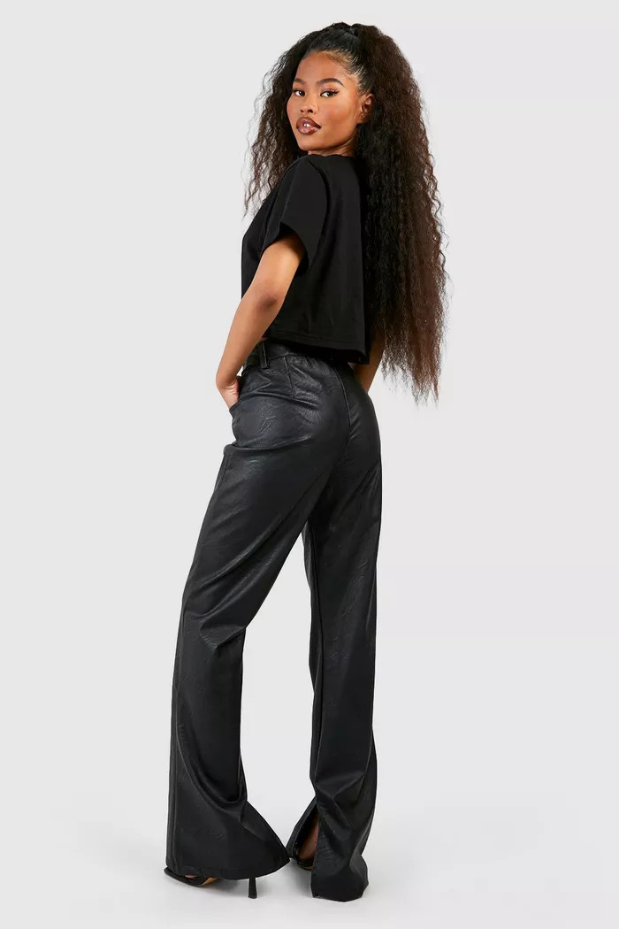 Leather Look Split Hem Straight Fit Trousers | Boohoo.com (UK & IE)